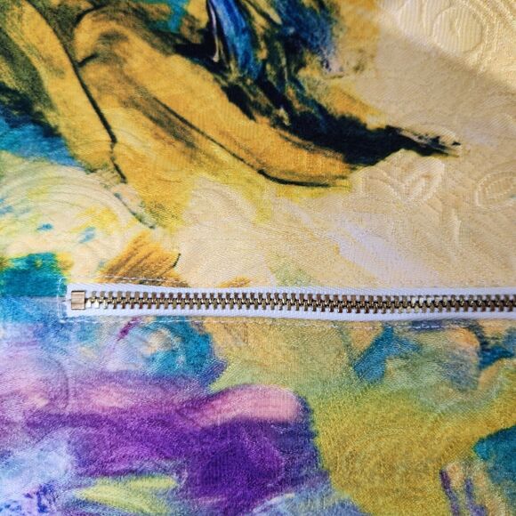 H&M Watercolor Brocade Midi Skirt Size 4 Yellow Teal Purple A-Line Abstract Art - Picture 5 of 14